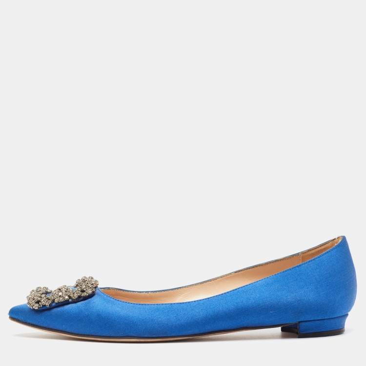 Pre Owned Manolo Blahnik Blue Satin Hangisi  Flats Size 37 