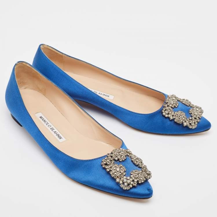 Pre Owned Manolo Blahnik Blue Satin Hangisi  Flats Size 37 