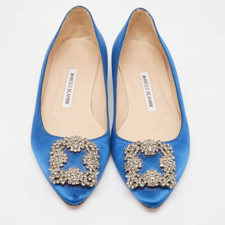 Pre Owned Manolo Blahnik Blue Satin Hangisi  Flats Size 37 