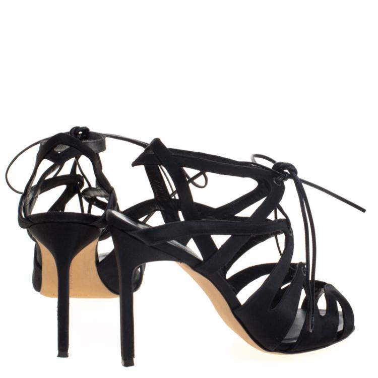 Pre Owned Manolo Blahnik Black Satin Netochka Cage Lace-up Sandals Size 38
