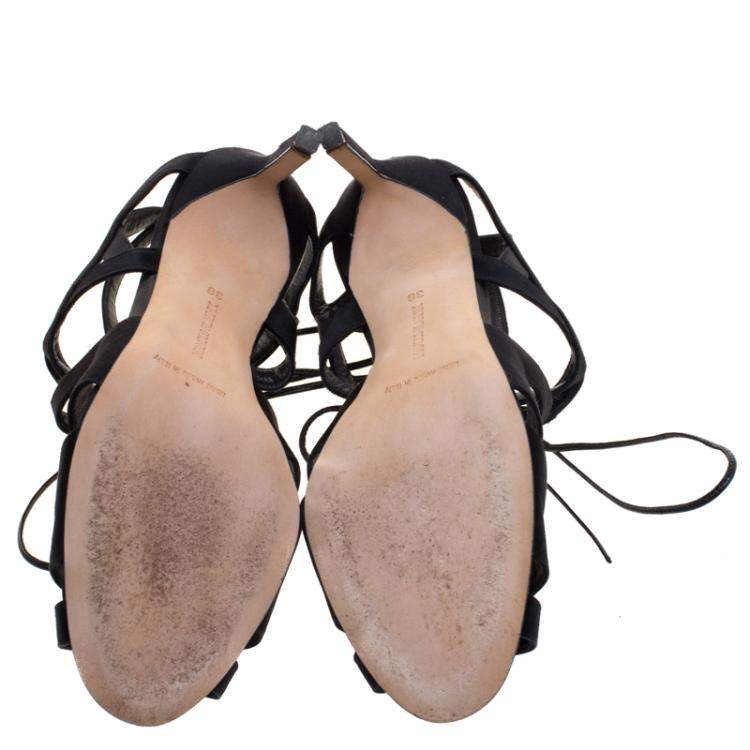 Pre Owned Manolo Blahnik Black Satin Netochka Cage Lace-up Sandals Size 38