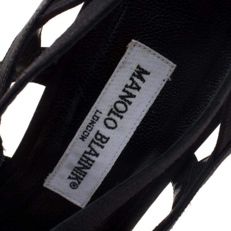 Pre Owned Manolo Blahnik Black Satin Netochka Cage Lace-up Sandals Size 38