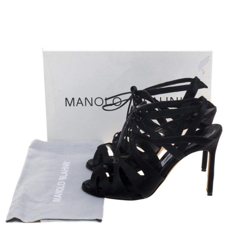 Pre Owned Manolo Blahnik Black Satin Netochka Cage Lace-up Sandals Size 38
