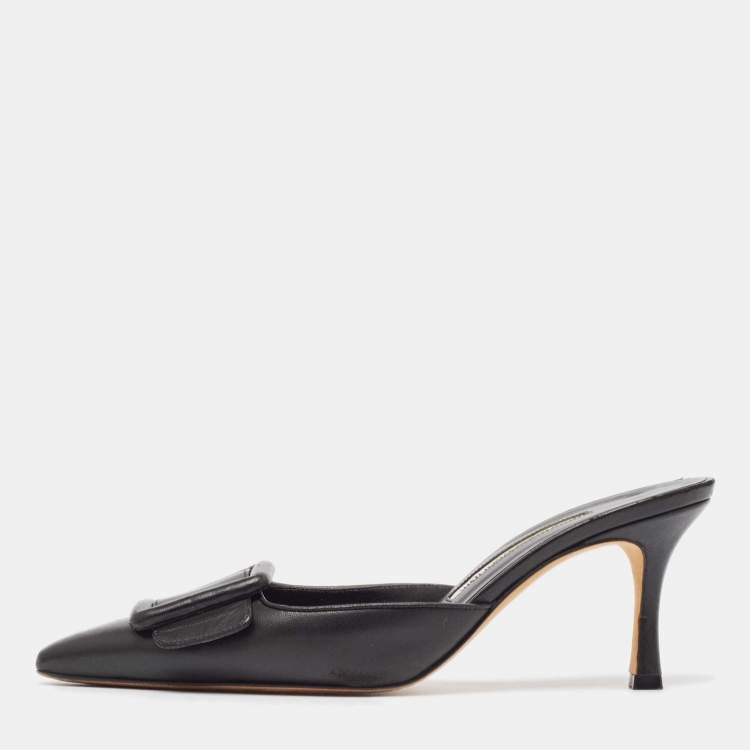 Pre Owned Manolo Blahnik Black Leather  MaySale Mules Size 37 
