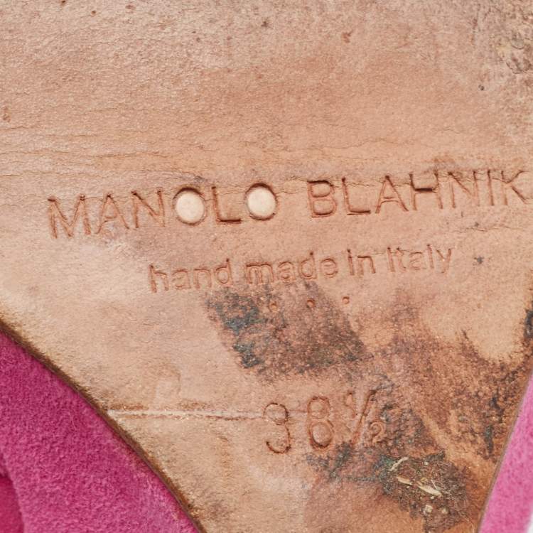 Pre Owned Manolo Blahnik Fuchsia Suede Crystal Embellished Trice Wedge Sandals Size 38.5