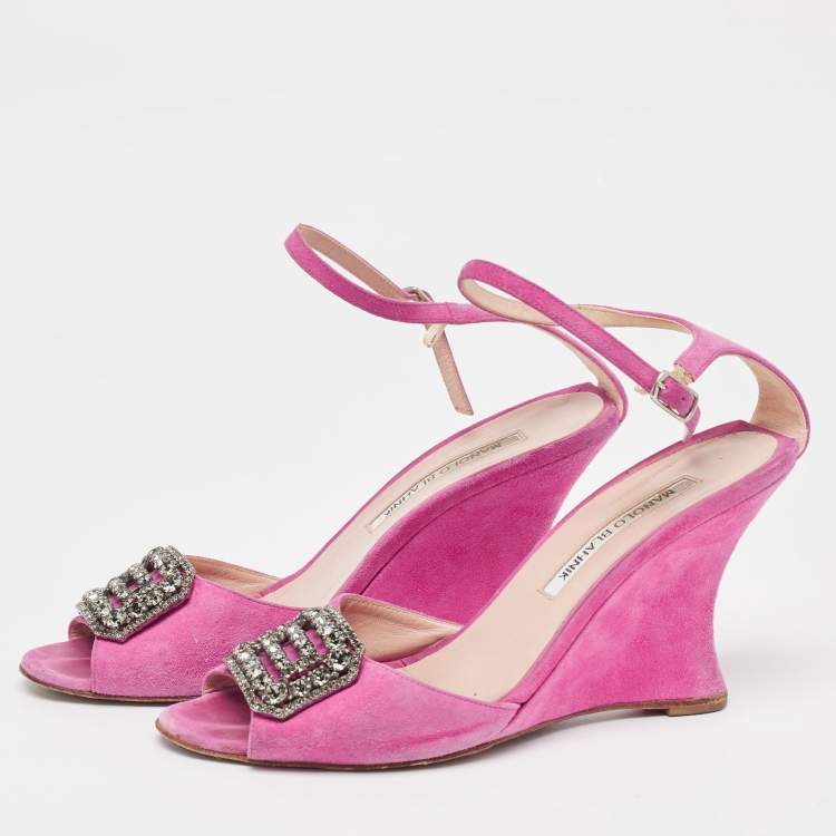Pre Owned Manolo Blahnik Fuchsia Suede Crystal Embellished Trice Wedge Sandals Size 38.5