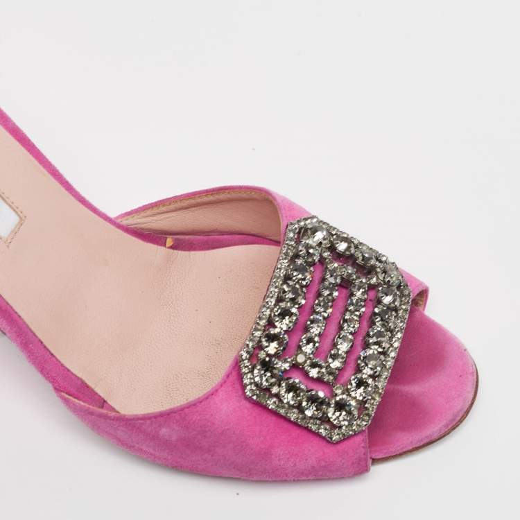Pre Owned Manolo Blahnik Fuchsia Suede Crystal Embellished Trice Wedge Sandals Size 38.5