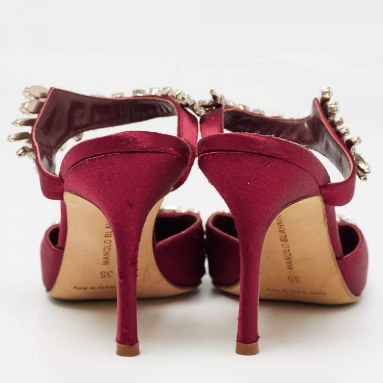 مملوكة مسبقًا Manolo Blahnik Burgundy Satin Lurum Heel Mules Size 35