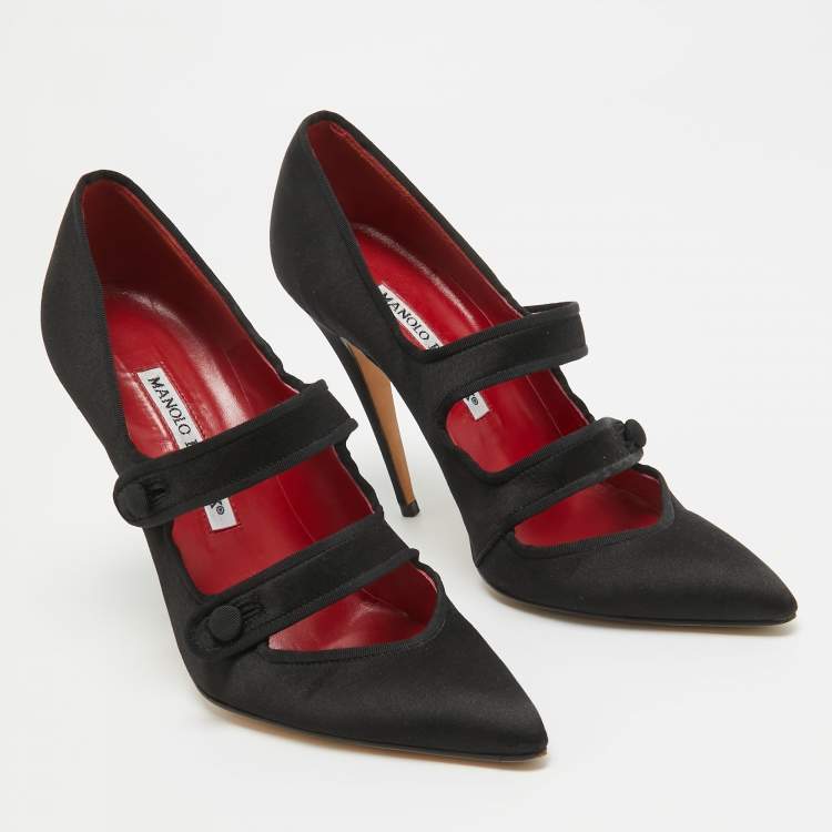 Pre Owned Manolo Blahnik Black Satin Double Strap Mary Jane Pumps Size 36.5