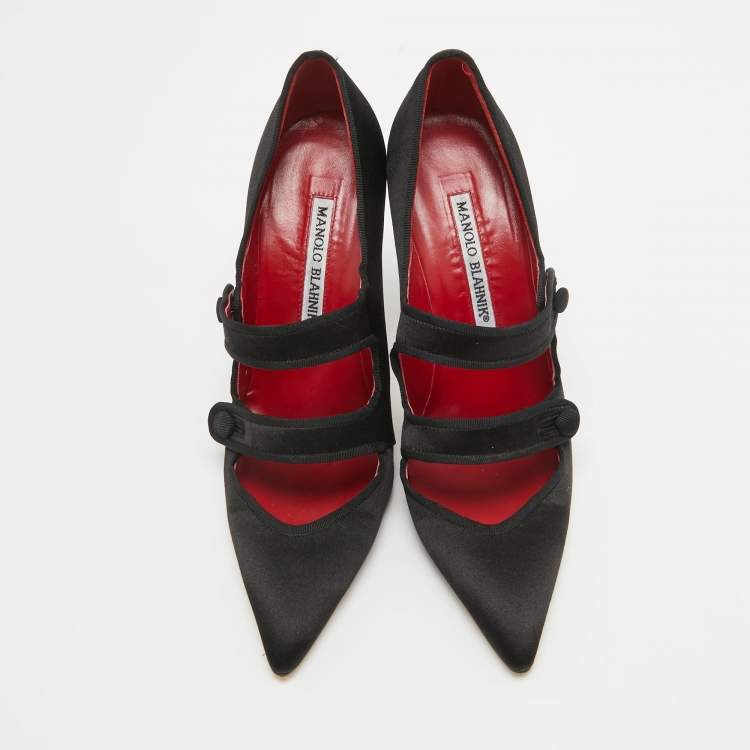 Pre Owned Manolo Blahnik Black Satin Double Strap Mary Jane Pumps Size 36.5