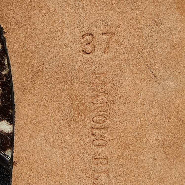 Pre Owned Manolo Blahnik Black/Brown Leather and Calf Hair Almond Toe Pumps Size 37