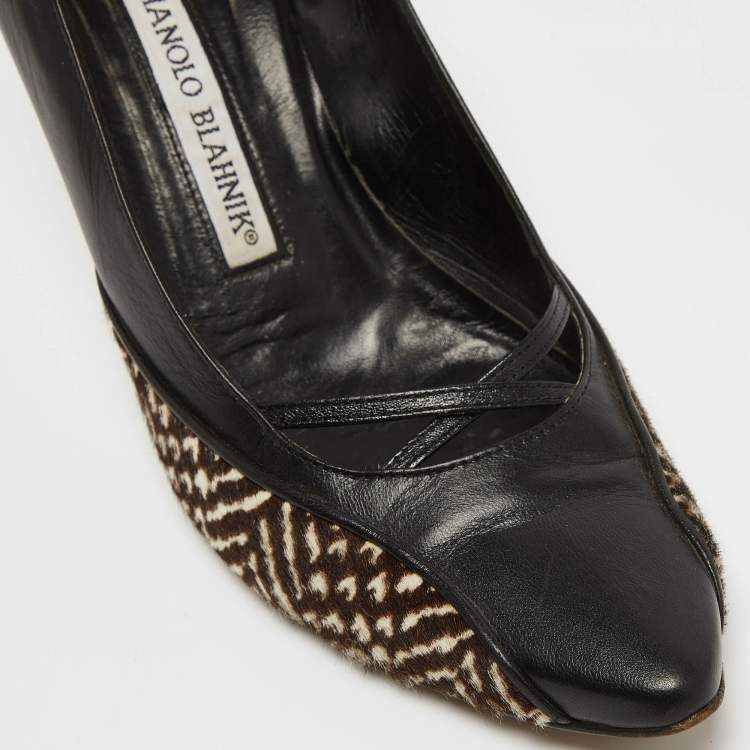 Pre Owned Manolo Blahnik Black/Brown Leather and Calf Hair Almond Toe Pumps Size 37