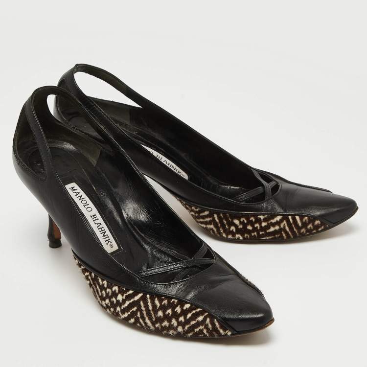 Pre Owned Manolo Blahnik Black/Brown Leather and Calf Hair Almond Toe Pumps Size 37