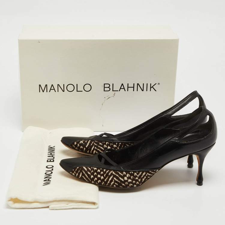 Pre Owned Manolo Blahnik Black/Brown Leather and Calf Hair Almond Toe Pumps Size 37