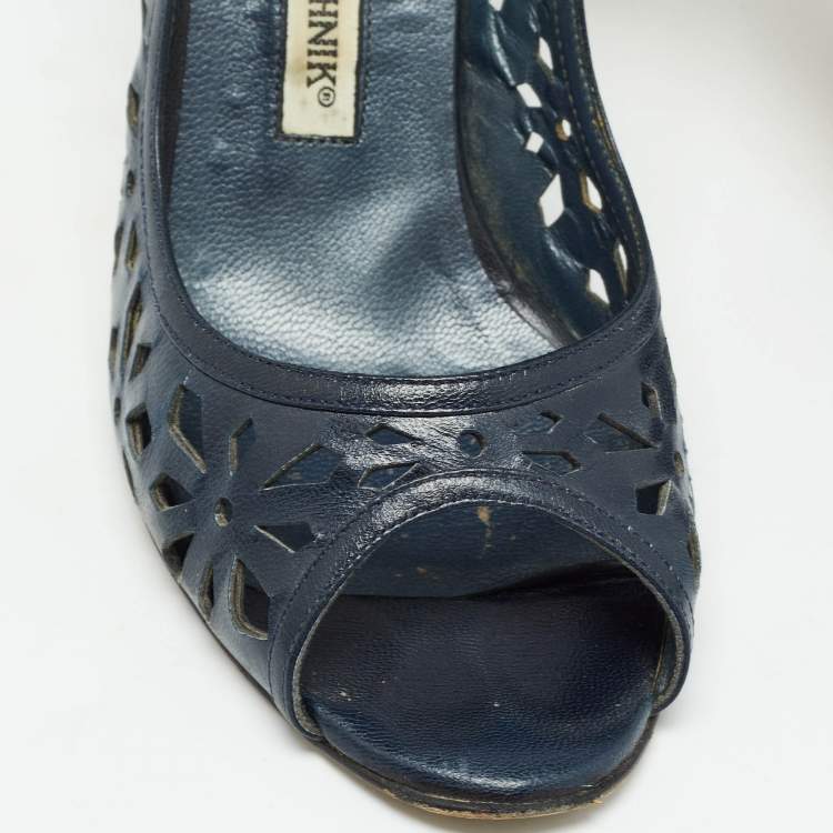Pre Owned Manolo Blahnik Navy Blue Leather Open Toe Pumps Size 36.5
