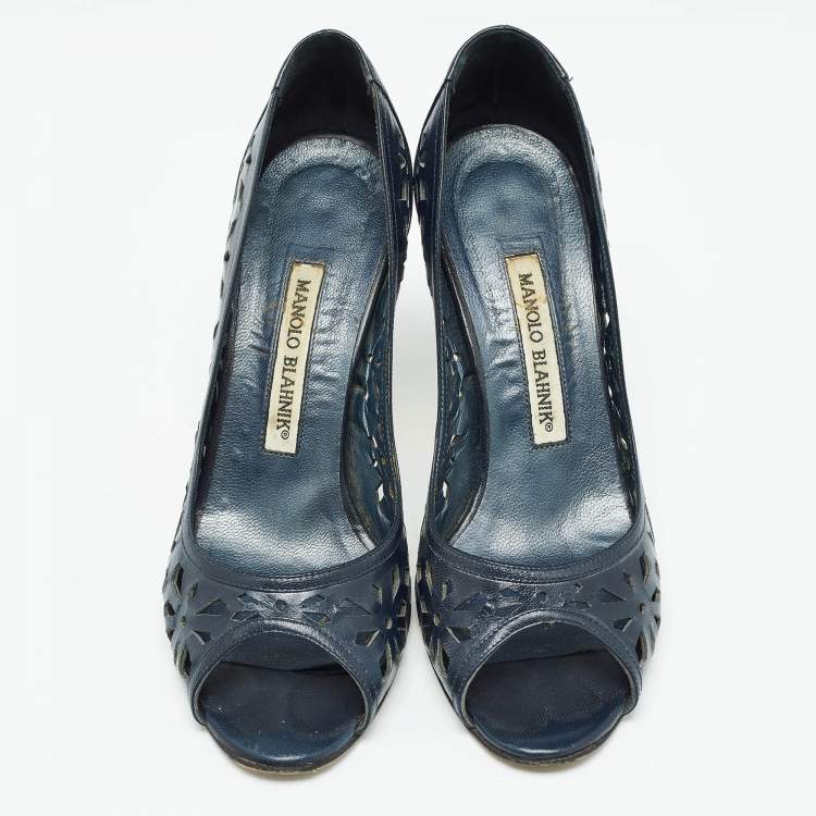 Pre Owned Manolo Blahnik Navy Blue Leather Open Toe Pumps Size 36.5