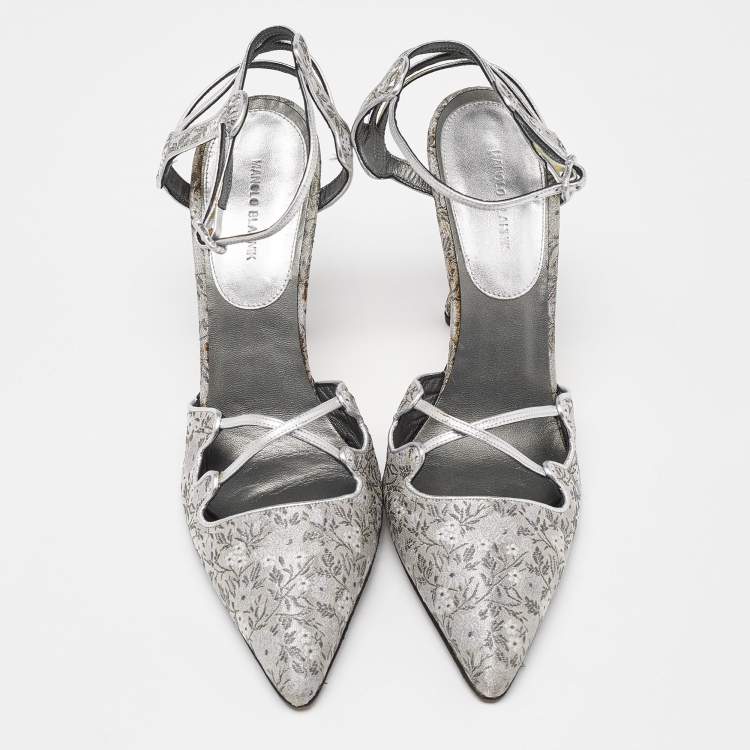 Pre Owned Manolo Blahnik Grey Leather and Brocade Fabric Pointed Toe Strappy Pumps Size 40.5