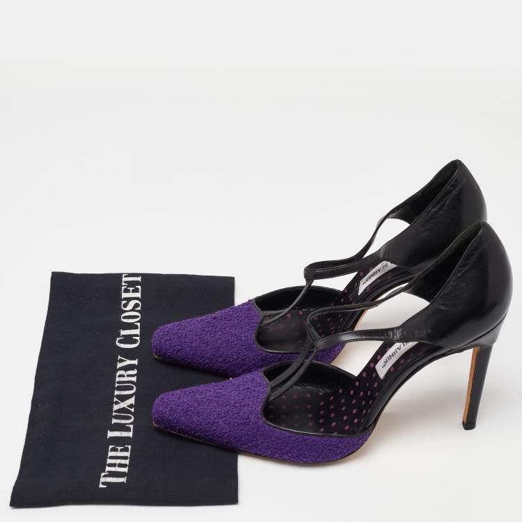Pre Owned Manolo Blahnik Purple/Black Tweed and Leather Pointed Toe Pumps Size 40