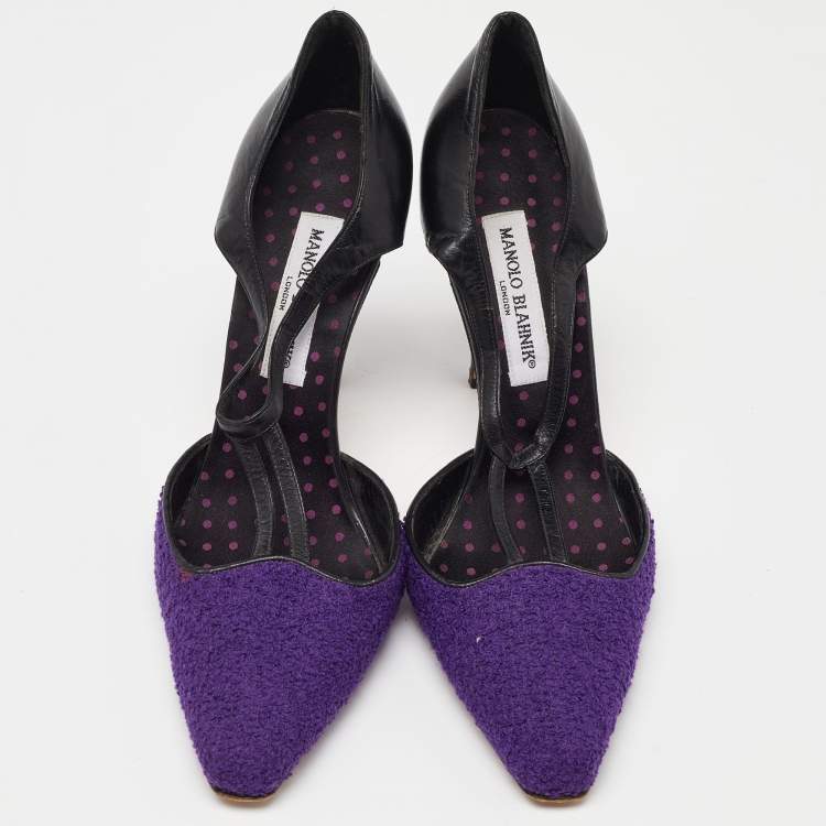 Pre Owned Manolo Blahnik Purple/Black Tweed and Leather Pointed Toe Pumps Size 40