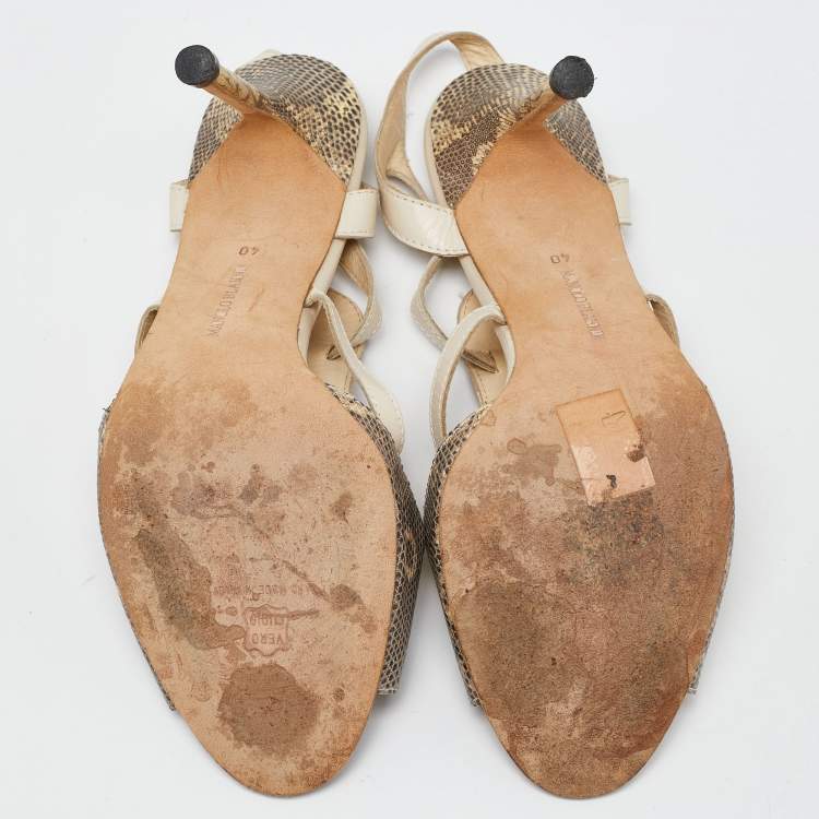 Pre Owned Manolo Blahnik Beige Lizard Leather Open Toe Strappy Sandals Size 40