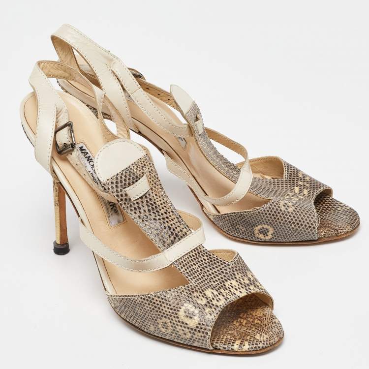 Pre Owned Manolo Blahnik Beige Lizard Leather Open Toe Strappy Sandals Size 40