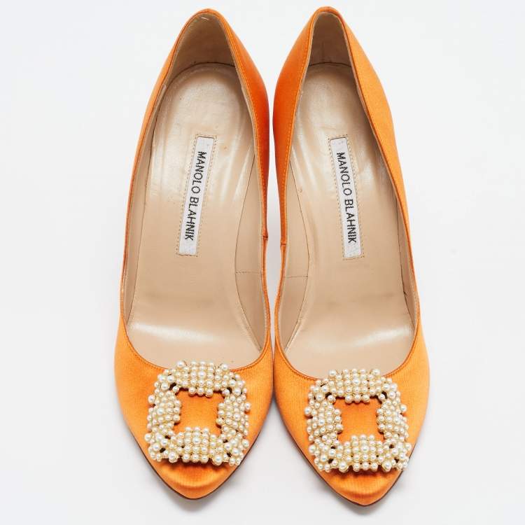 Pre Owned Manolo Blahnik  Orange Satin Hangisi Pumps Size 38.5