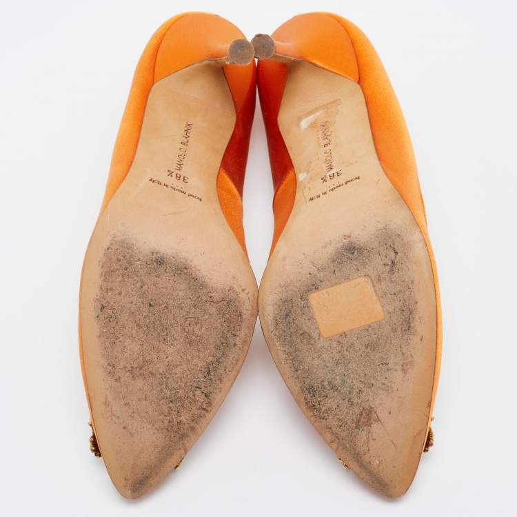 Pre Owned Manolo Blahnik  Orange Satin Hangisi Pumps Size 38.5