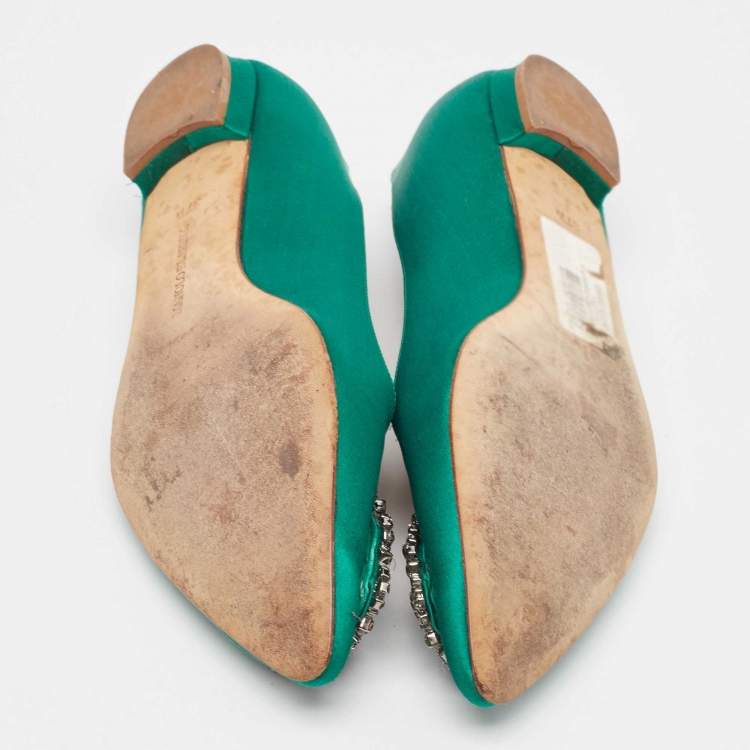 Pre Owned Manolo Blahnik Green Satin Hangisi Ballet Flats Size 37.5