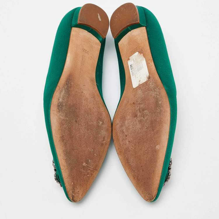Pre Owned Manolo Blahnik Green Satin Hangisi Ballet Flats Size 39.5
