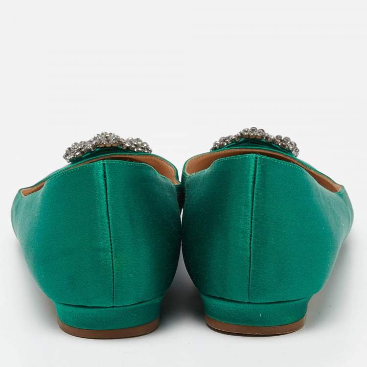 Pre Owned Manolo Blahnik Green Satin Hangisi Ballet Flats Size 39.5