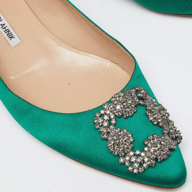 Pre Owned Manolo Blahnik Green Satin Hangisi Ballet Flats Size 39.5