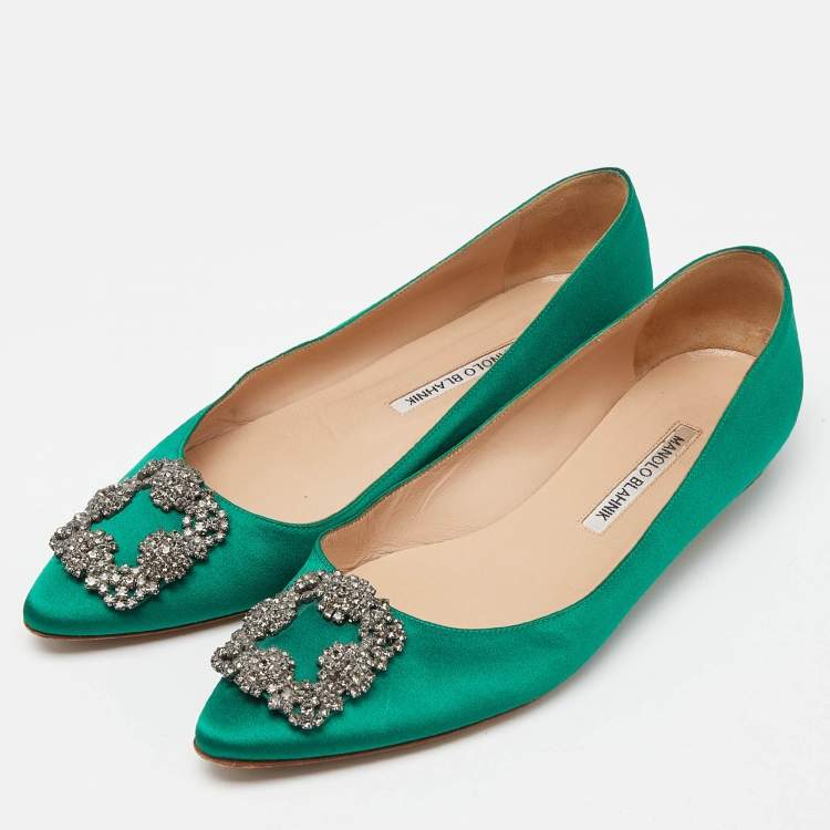 Pre Owned Manolo Blahnik Green Satin Hangisi Ballet Flats Size 39.5