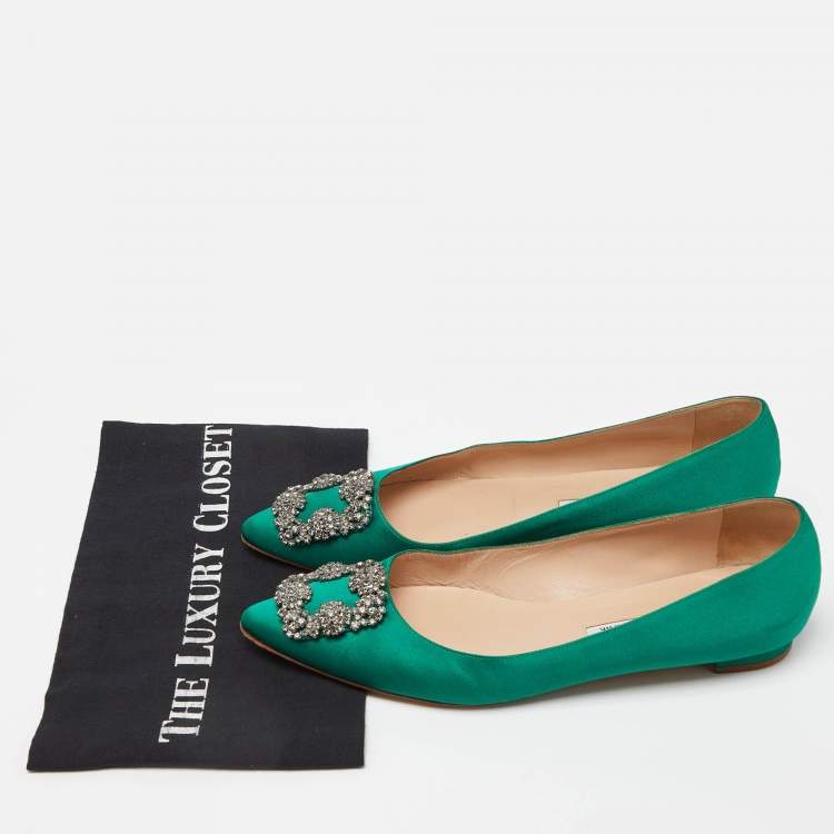 Pre Owned Manolo Blahnik Green Satin Hangisi Ballet Flats Size 39.5