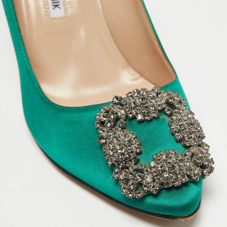 Pre Owned Manolo Blahnik Green Satin Hangisi Crystal Embellished Pumps Size 37