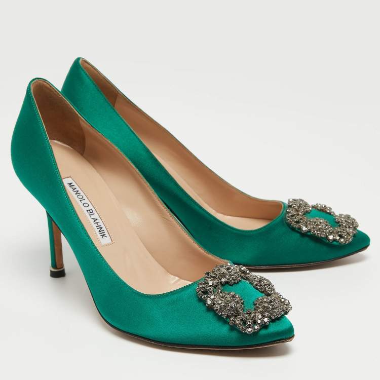 Pre Owned Manolo Blahnik Green Satin Hangisi Crystal Embellished Pumps Size 37