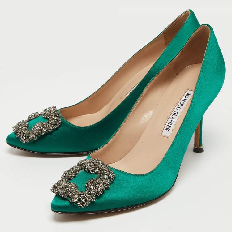 Pre Owned Manolo Blahnik Green Satin Hangisi Crystal Embellished Pumps Size 37