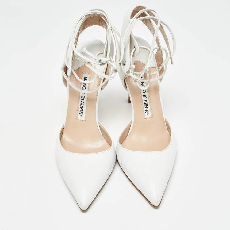 Pre Owned Manolo Blahnik White Leather Lara Tie Pumps Size 37
