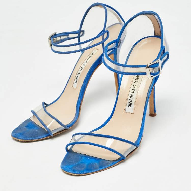 Pre Owned Manolo Blahnik Blue/Transperent PVC and Suede Mary Jane  Pumps  Size 36.5