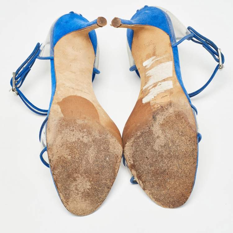 Pre Owned Manolo Blahnik Blue/Transperent PVC and Suede Mary Jane  Pumps  Size 36.5