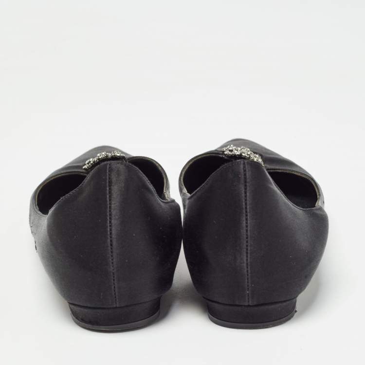 Pre Owned Manolo Blahnik Black Satin Crystal Embellished Ballet Flats Size 37