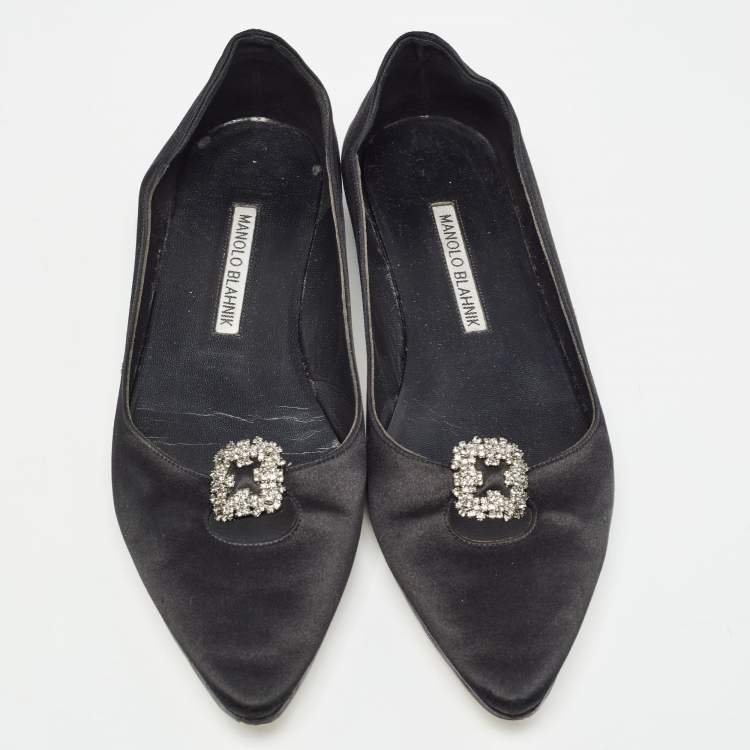 Pre Owned Manolo Blahnik Black Satin Crystal Embellished Ballet Flats Size 37