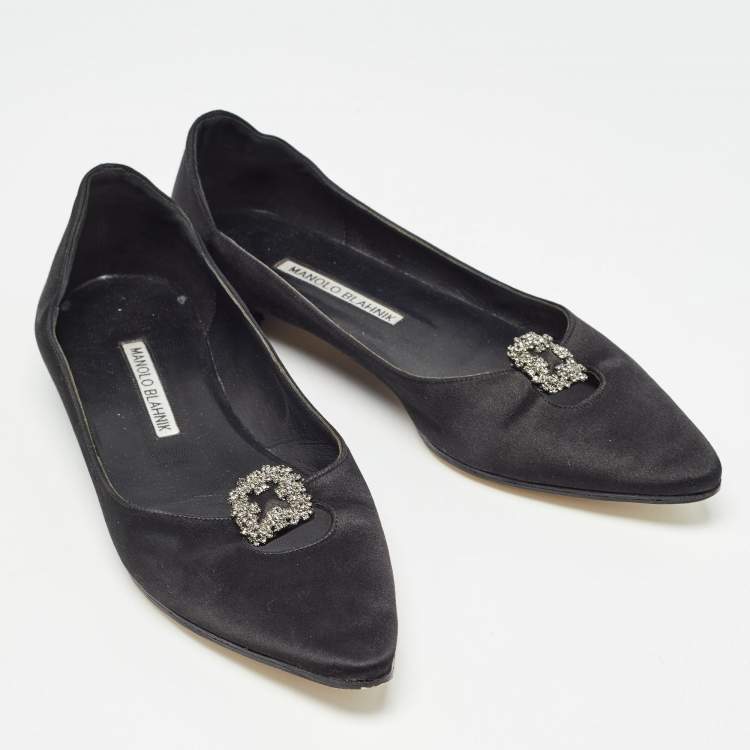 Pre Owned Manolo Blahnik Black Satin Crystal Embellished Ballet Flats Size 37