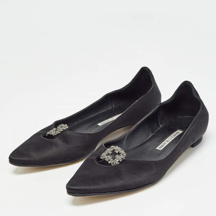 Pre Owned Manolo Blahnik Black Satin Crystal Embellished Ballet Flats Size 37