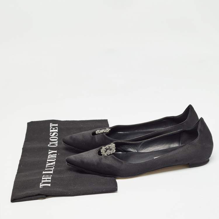 Pre Owned Manolo Blahnik Black Satin Crystal Embellished Ballet Flats Size 37