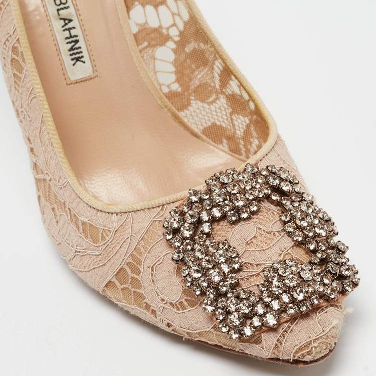 Pre Owned Manolo Blahnik Beige Lace and Satin Hangisi Pumps Size 36.5