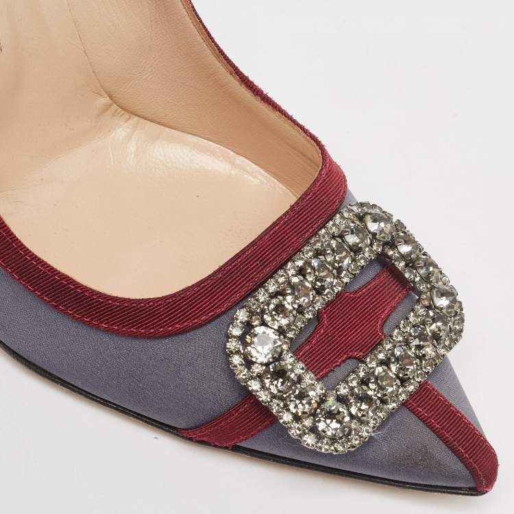 Pre Owned Manolo Blahnik Grey/Burgundy Satin and Canvas Gotrian Pumps Size 39