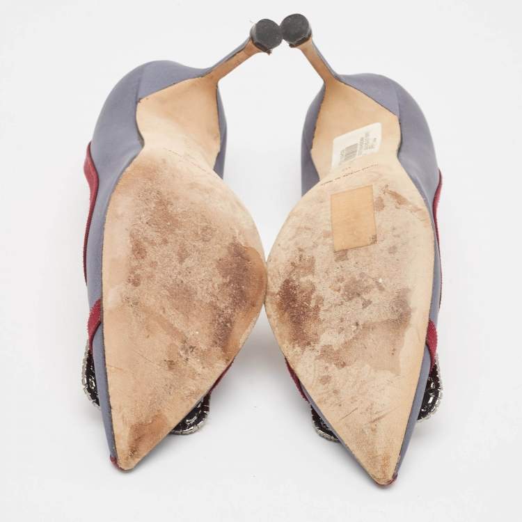 Pre Owned Manolo Blahnik Grey/Burgundy Satin and Canvas Gotrian Pumps Size 39