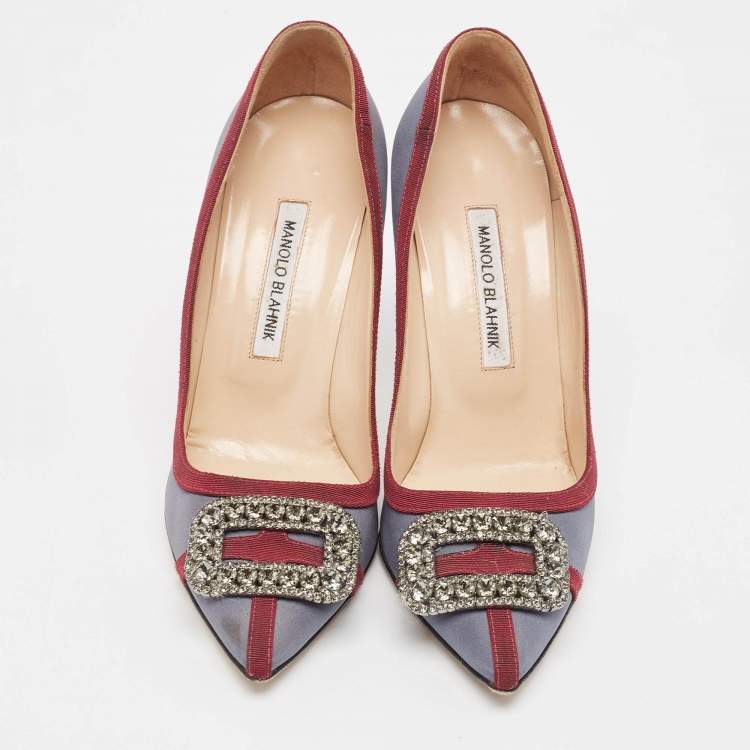 Pre Owned Manolo Blahnik Grey/Burgundy Satin and Canvas Gotrian Pumps Size 39