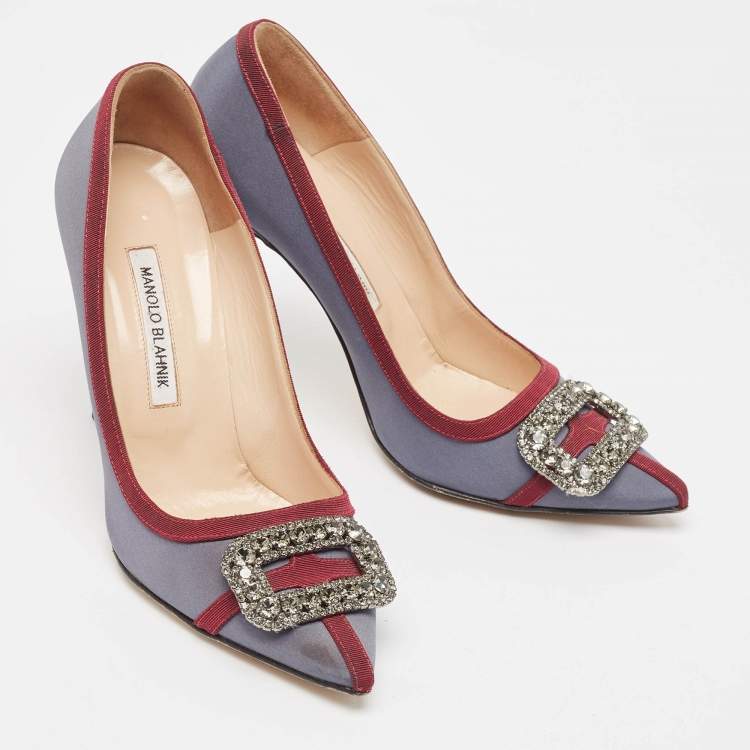 Pre Owned Manolo Blahnik Grey/Burgundy Satin and Canvas Gotrian Pumps Size 39