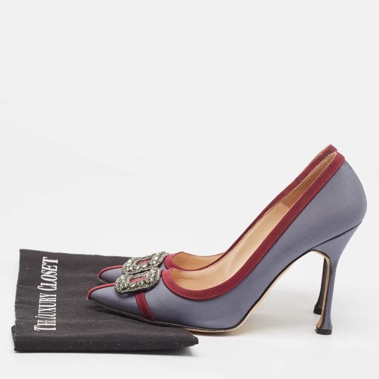 Pre Owned Manolo Blahnik Grey/Burgundy Satin and Canvas Gotrian Pumps Size 39